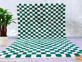 Checkered Green Bohemian Moroccan Rug – Green Boujaad Wool Carpet – Handmade Berber Rug for Living Room or Bedroom