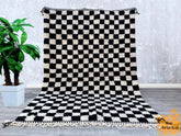 Checkered Black And Beige Berber Rug - Custom Tufted Moroccan Carpet - Handmade Wool Area Rug - Bohemian Living Room Decor