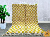 Checkered Moroccan Wool Rug - Yellow Boujaad Carpet - Handmade Berber Rug - Custom Size for Living Room