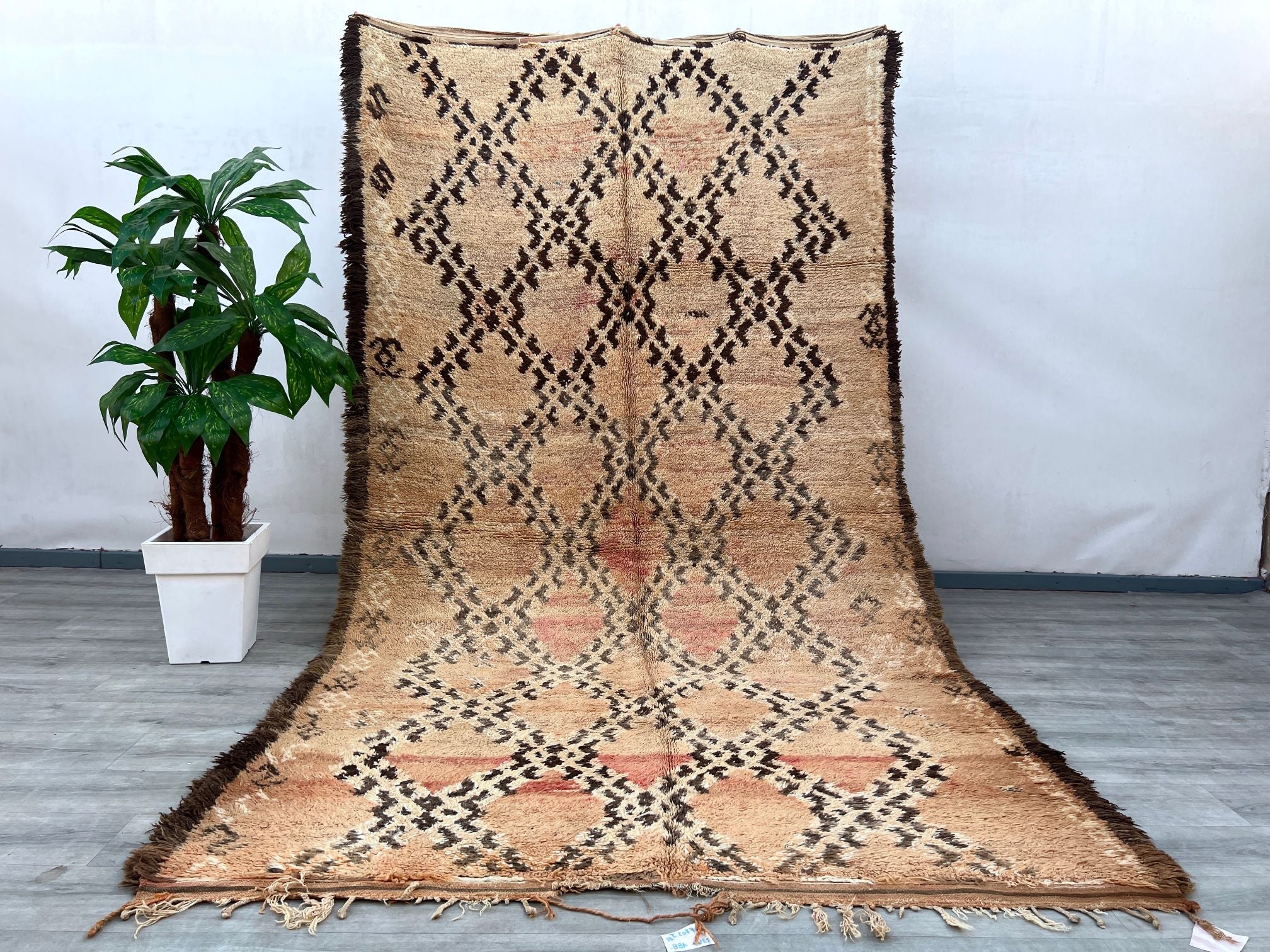 Enhance your space with this stunning Boujad Moroccan rug, a true testament to traditional craftsmanship. Handmade using premium wool, this rug features a rich, faded design with intricate tribal motifs, offering a perfect balance of vintage charm and modern appeal. The distressed, overdyed finish gives it a one-of-a-kind look, while the soft, neutral tones effortlessly complement any décor. Whether placed in a living room, dining area, or bedroom, this handwoven Berber carpet adds warmth, texture, and cult