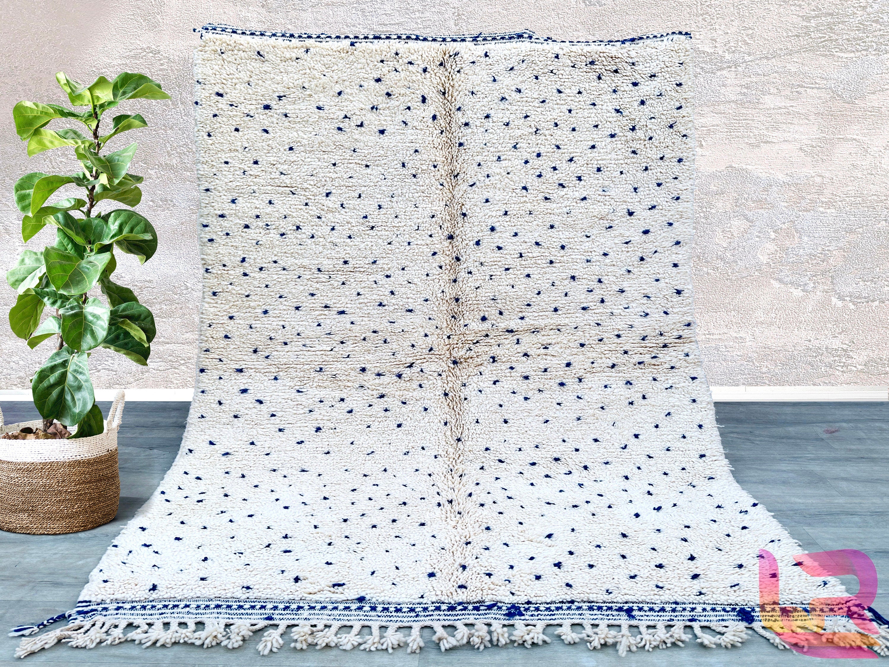 Blue Polka Dots Authentic Moroccan Rug – Handmade Beni Ourain Wool Carpet – Custom Geometric Design for Living Room