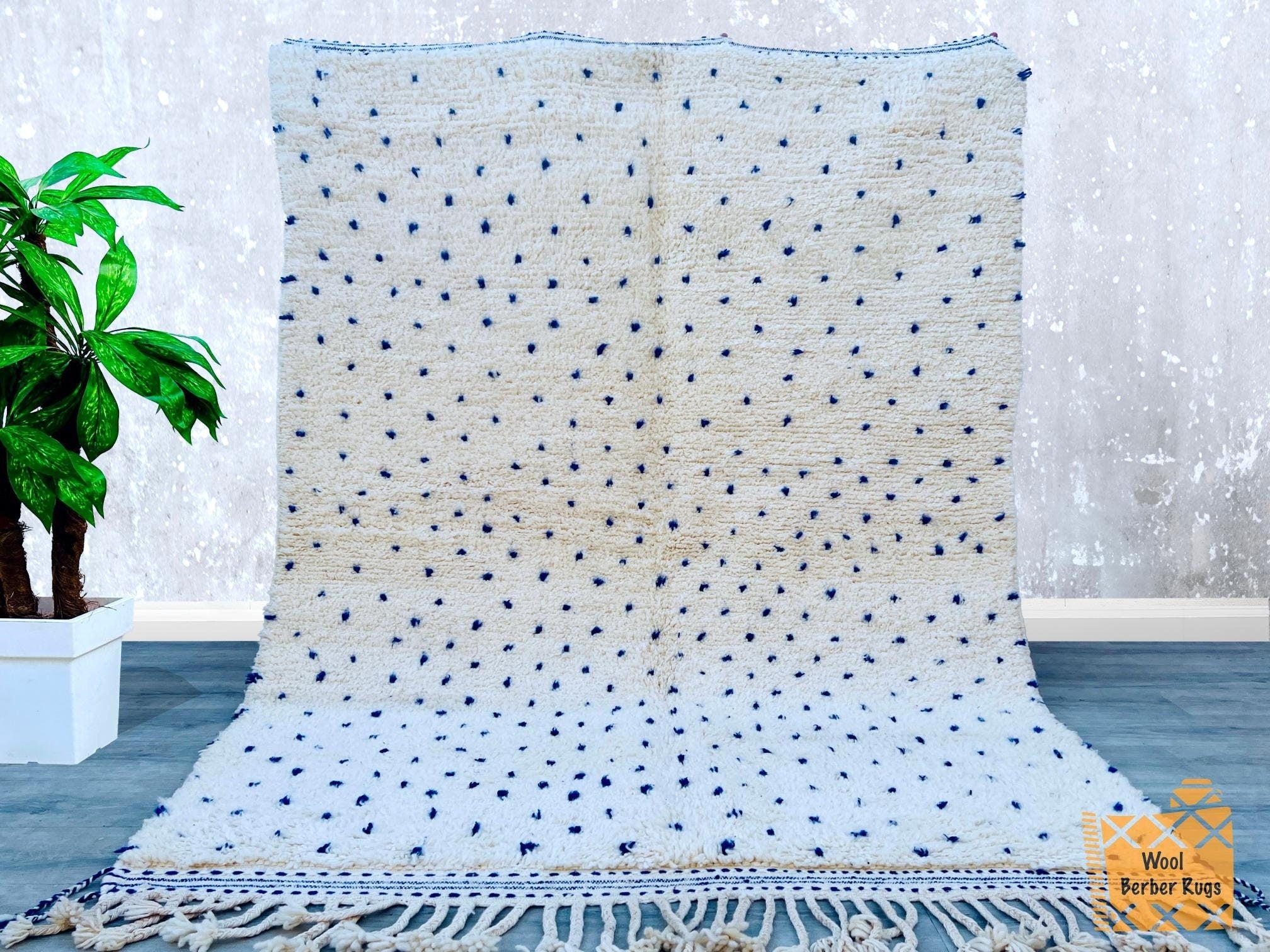 Blue Polka Dots Hand-Knotted Moroccan Rug - Genuine Lamb Wool Carpet - Custom Beni Ourain Berber Rug - Authentic Design