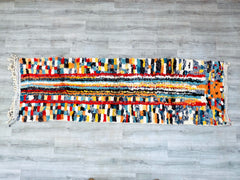 Transform your space with this vintage-inspired multicolored runner rug, a handwoven masterpiece measuring 2.8 ft x 9.5 ft. Featuring authentic Berber craftsmanship, this Moroccan-style carpet blends Azilal tribal artistry with a Boho-chic aesthetic, perfect for hallways, kitchens, or living rooms. The soft wool construction offers comfort underfoot, while the durable hand-knotted technique ensures long-lasting beauty. With abstract geometric patterns and a rich, earthy color palette, this unique runner rug