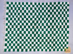 Checkered Green Bohemian Moroccan Rug – Green Boujaad Wool Carpet – Handmade Berber Rug for Living Room or Bedroom