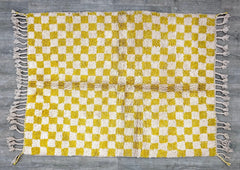 Checkered Moroccan Wool Rug - Yellow Boujaad Carpet - Handmade Berber Rug - Custom Size for Living Room