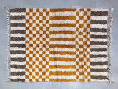 Striped Checkered Boujaad Rug - Custom Moroccan Berber Carpet - Soft Shag Wool Rug - Bohemian Living Room Decor
