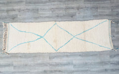 077x260 cm = 2.5 x 8.5 Blue Diamond Handmade Beni Ourain Moroccan Runner Rug - Vintage Blue & Ivory 2.5x8.5 FT - Berber Wool Hallway Carpet