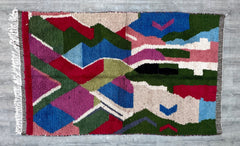 148 x 251 cm = 4.9 x 8.2 ft Colorful Abstract Beni Ourain Rug - Blue and Brown Moroccan Sheep Wool Carpet - Handmade Berber Area Rug for Bohemian Home Decor