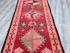 112x353 cm = 3.7 x 11.6 Handwoven Vintage Moroccan Runner – Red Azilal Wool Rug – Tribal Geometric Carpet