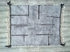 152 x 193 cm = 5 x 6.3 FT STUNNING BENIOURAIN CARPET, Moroccan Handmade Rug, White And Blue Rug, Striped Rug, Handmade Wool Carpet, Azilal Berber Rug, Handwoven Rug