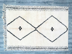 176 x 253 cm = 5.8 x 8.3 FT Ivory Black Wool Rug Moroccan Beni Ourain Berber Hand Knotted Wool Rug, CUSTOMIZE in any size