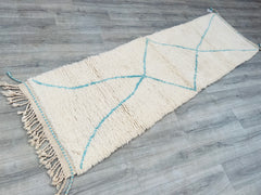 077x260 cm = 2.5 x 8.5 Blue Diamond Handmade Beni Ourain Moroccan Runner Rug - Vintage Blue & Ivory 2.5x8.5 FT - Berber Wool Hallway Carpet