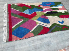 148 x 251 cm = 4.9 x 8.2 ft Colorful Abstract Beni Ourain Rug - Blue and Brown Moroccan Sheep Wool Carpet - Handmade Berber Area Rug for Bohemian Home Decor