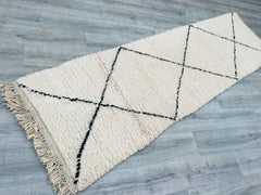 084x302 cm = 2.8 x 9.9 Diamonds Handmade Moroccan Beni Ourain Runner Rug – Vintage Wool Hallway Carpet
