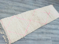 077x239 cm = 2.5 x 7.8 Diamonds Handmade Moroccan Runner Rug – Pink & White Vintage Berber Carpet – Boho Hallway Rug
