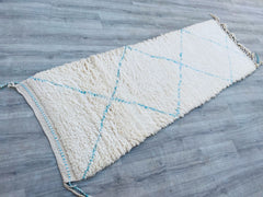 078x231 cm = 2.6 x 7.6 Diamonds Authentic Moroccan Berber Rugs – Handmade Beni Ourain Wool Carpets in Blue & Ivory