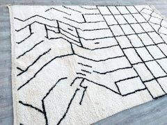 Grid Geometric Handmade Moroccan Wool Rug – Ivory Beni Ourain Shaggy Carpet – Neutral Custom Area Rug for Hygge Decor