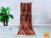 087x299 cm = 2.9 x 9.8 Brown Geometric Moroccan Rug – Soft Wool Blend – Hand-Knotted Tribal Design for Living Room & Hallway