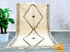 176 x 253 cm = 5.8 x 8.3 FT Ivory Black Wool Rug Moroccan Beni Ourain Berber Hand Knotted Wool Rug, CUSTOMIZE in any size
