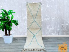 077x260 cm = 2.5 x 8.5 Blue Diamond Handmade Beni Ourain Moroccan Runner Rug - Vintage Blue & Ivory 2.5x8.5 FT - Berber Wool Hallway Carpet
