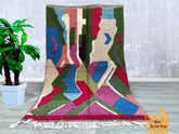 148 x 251 cm = 4.9 x 8.2 ft Colorful Abstract Beni Ourain Rug - Blue and Brown Moroccan Sheep Wool Carpet - Handmade Berber Area Rug for Bohemian Home Decor