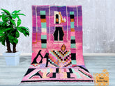 147 x 244 cm = 4.8 x 8 FT Colorful Abstract Moroccan Beni Ourain Rug – Pink Wool Carpet, Living Room Rug, Handmade Berber Rug