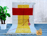 149 x 242 cm = 4.9 x 7.9 FT GORGEOUS BENIOURAIN CARPET, Moroccan Handmade Rug, White, Yellow And Red Rug, Striped Rug, Handmade Wool Carpet, Azilal Berber Rug, Handwoven Rug