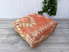 Moroccan Leather Pouf - Vintage Ottoman Footstool, Handcrafted Genuine Leather, Round Boho Decor, Neutral Colors, Unstuffed