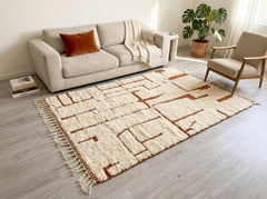 Beni Ourain Moroccan Rug, Ivory and Terracotta Berber Wool Rug, Geometric Pattern