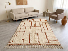 Beni Ourain Moroccan Rug, Ivory and Terracotta Berber Wool Rug, Geometric Pattern