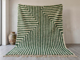 Moroccan Rug – Sage Green Beni Ourain Wool Carpet, Geometric Striped Berber Design