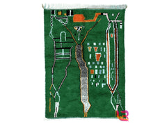 Green Handmade Moroccan Rug - Custom Beni Ourain Wool Carpet - Bohemian Living Room Rug - Cream & Black Geometric Design