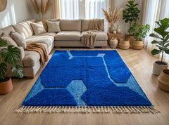 Blue Moroccan Rug – Handmade Beni Ourain Wool Carpet, Abstract Berber Design, Geometric Boho Living Room Decor