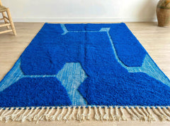 Blue Moroccan Rug – Handmade Beni Ourain Wool Carpet, Abstract Berber Design, Geometric Boho Living Room Decor