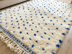 Handmade Beni Ourain Rug – Blue Dotted Moroccan Wool Carpet, Ivory Berber Minimalist Design