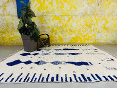 Artistic Moroccan Rug - Handmade Blue & White Beni Ourain Carpet - Tribal Berber Rug - Authentic Moroccan Wool Carpet