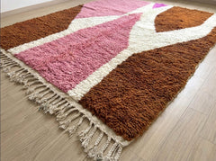 Pink Moroccan Beni Ourain Rug Handmade Wool Berber Carpet Brown Ivory Abstract Boho Area Decor