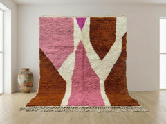 Pink Moroccan Beni Ourain Rug Handmade Wool Berber Carpet Brown Ivory Abstract Boho Area Decor