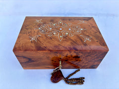 9"×6" Large Moroccan Thuya Wood Jewelry Box – Handcrafted Burl Wood Organizer with Key, Wedding Memory Keepsake Gift