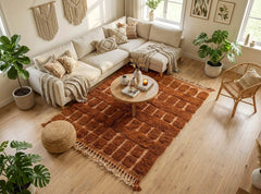 Terracotta Moroccan Rug – Handmade Wool Berber Area Rug with Textured Checkerboard Pattern, Custom Size