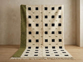 Olive Green Moroccan Beni Ourain Rug – Handmade Cream Wool with Sage Border, High Pile Berber