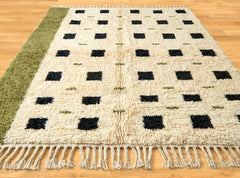 Olive Green Moroccan Beni Ourain Rug – Handmade Cream Wool with Sage Border, High Pile Berber