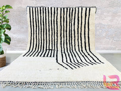 Striped Authentic Moroccan Boujaad Rug – Custom Handmade Berber Carpet – White & Black Bohemian Area Rug for Living Room