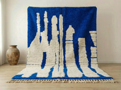 Blue Beni Ourain Rug – Handmade Moroccan Wool Carpet – Abstract Berber Area Rug – Modern Living Room Decor