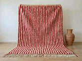 Red Striped Moroccan Rug – Handmade Beni Ourain Wool Area Rug, Modern Berber Boho Living Room Carpet