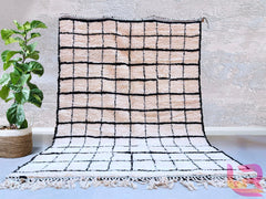 Grid Luxurious Beni Ourain Rug - Handmade Wool Moroccan Rug - Cream & Black Tribal Design - Perfect for Modern Living Spaces