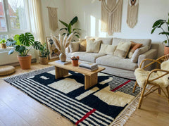 Handmade Abstract Moroccan Rug Black and White Wool Berber Carpet High Pile Modern Tribal Boho Living Room Decor