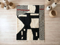Handmade Abstract Moroccan Rug Black and White Wool Berber Carpet High Pile Modern Tribal Boho Living Room Decor