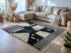 Handmade Abstract Moroccan Rug Black and White Wool Berber Carpet High Pile Modern Tribal Boho Living Room Decor