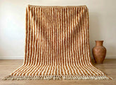 Striped Moroccan Wool Rug – Handmade Berber Carpet in Ivory and Terracotta Brown, Boho Area Decor